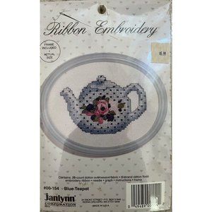 VTG 90’s NIB Janlynn Counted Cross Stitch Ribbon Embroidery Kit Blue Teapot 154